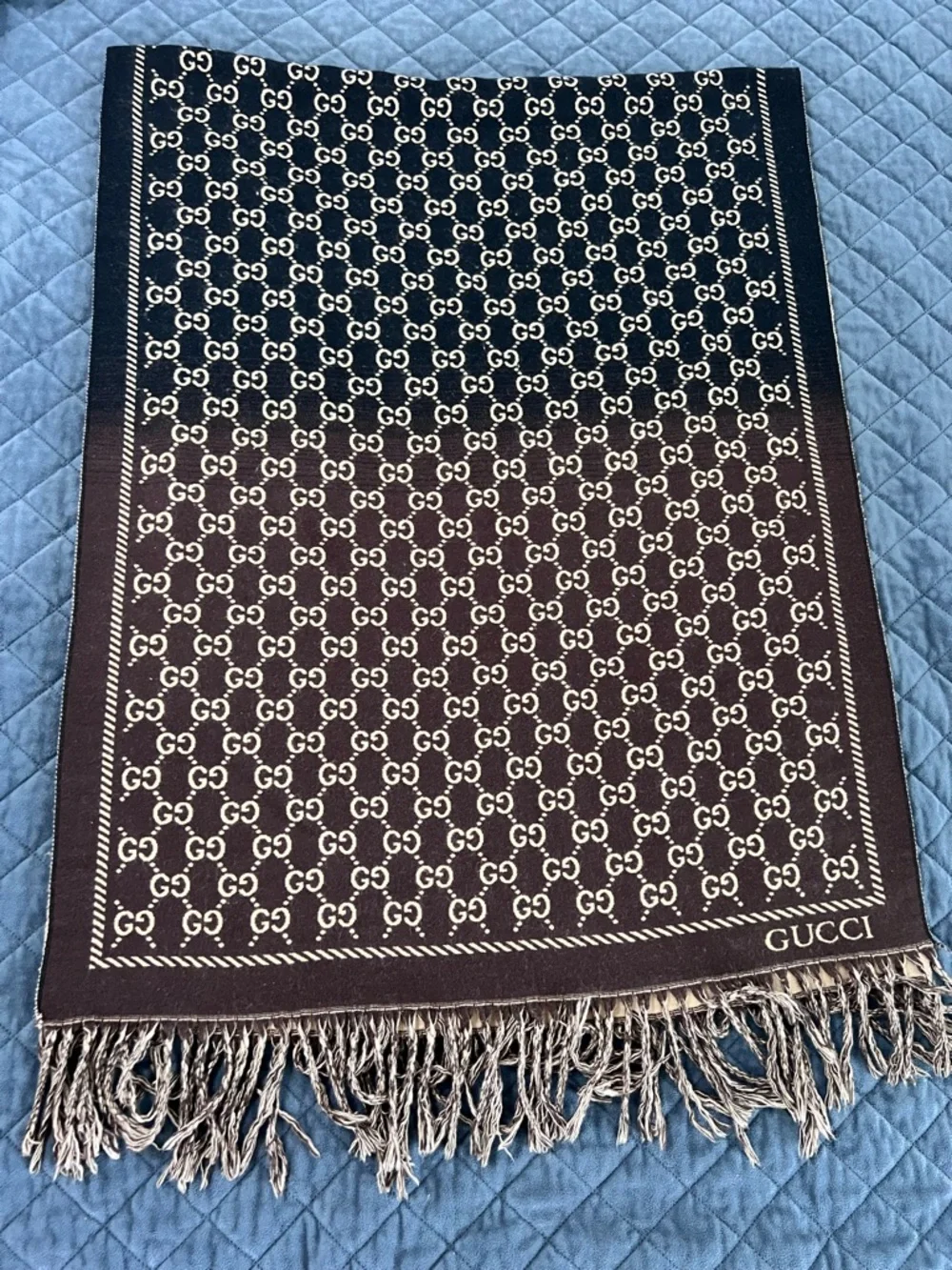 Gucci scarf monogram GG wool cashmere blend brown large shawl wrap fringe EE - Picture 6 of 7